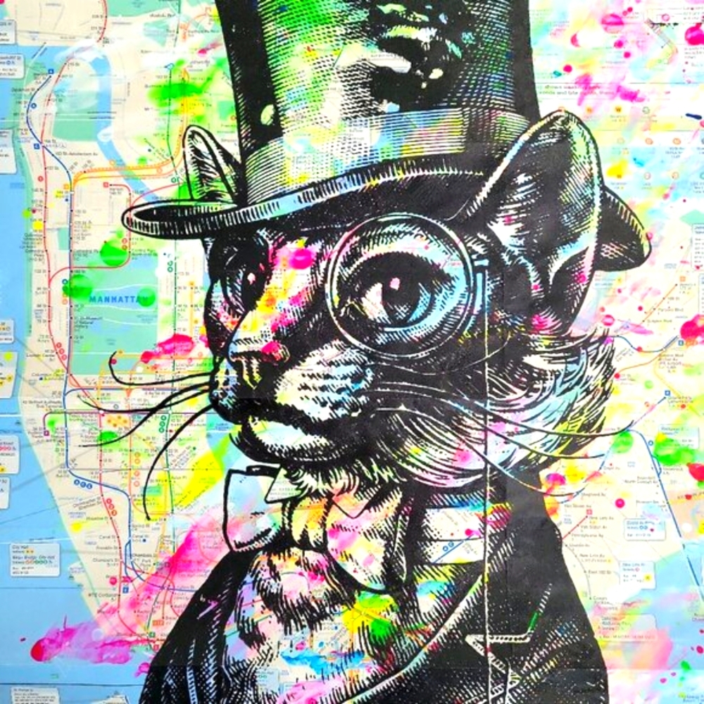 Handpainted Aristocat in the City Acrylic CAT Artwork on a NYC Subway Map - Picture 4 of 6